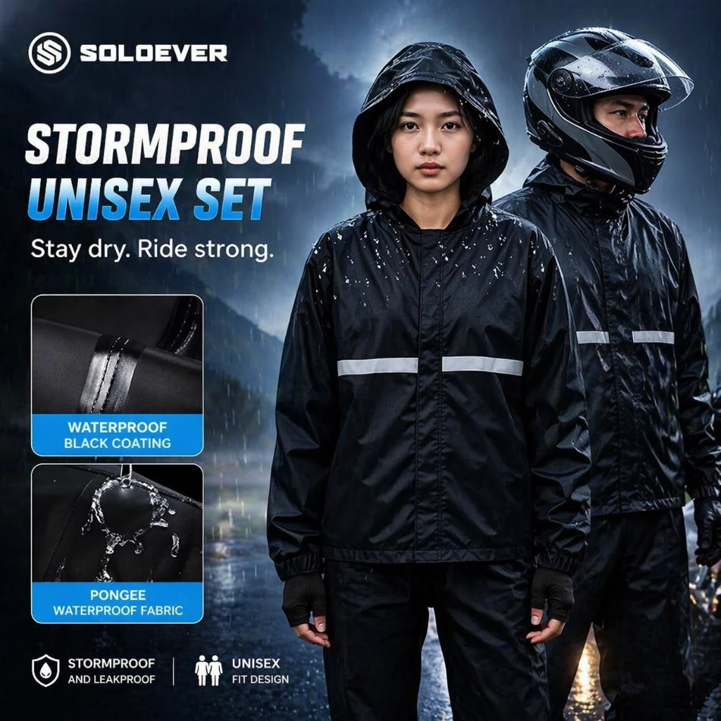 SOLOEVER เสื้อกันฝน 2ชิ้น กันน้ำ100% ฮู้ดปรับได้ เหมาะสำหรับขี่ ผู้ชาย ผู้หญิง สวมใส่สบาย ราคาพิเศษ