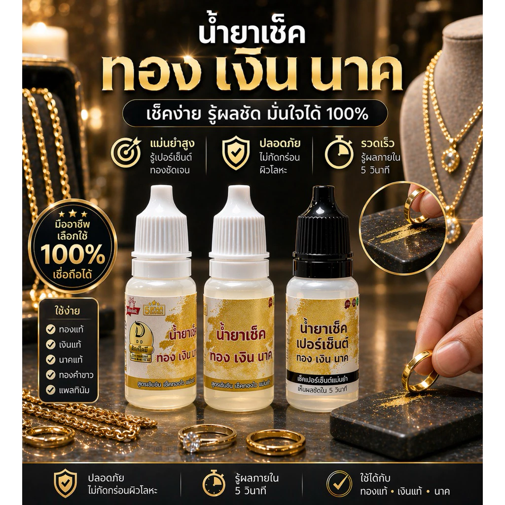 1ชุด3ขวด น้ำยาทดสอบ เงิน ทอง นาค พร้อมเช็คเปอร์เซ็นต์ คุ้มมากๆ