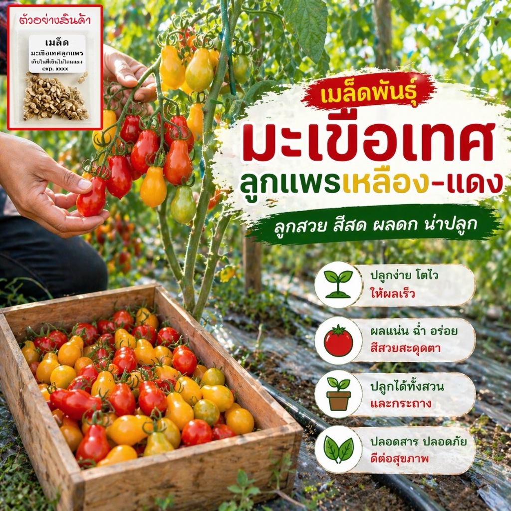 เมล็ดมะเขือเทศลูกแพร์ แดง-เหลือง Pear Tomato 25 เมล็ด ☀️ ทนร้อน ทนแล้ง ดูแลง่าย อินทรีย์ออแกนิค (ซื้อ 10 แถม 1 )