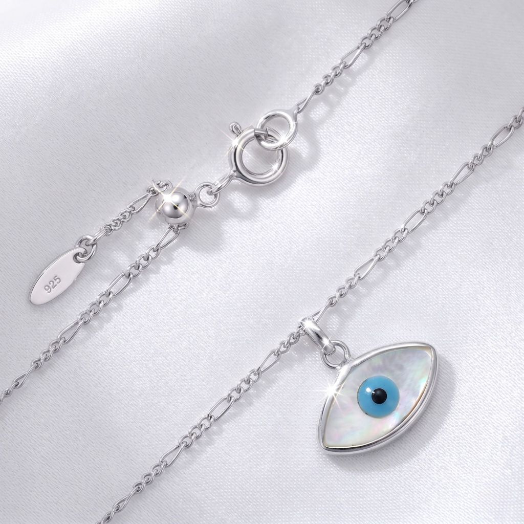 DEEP FASHION สร้อยคอเงินแท้ 925 จี้ดวงตาเปลือกมุก Evil Eye สร้อยคอฟิกาโร่ ปรับความยาวได้ เสริมดวง สไตล์โมเดิร์น