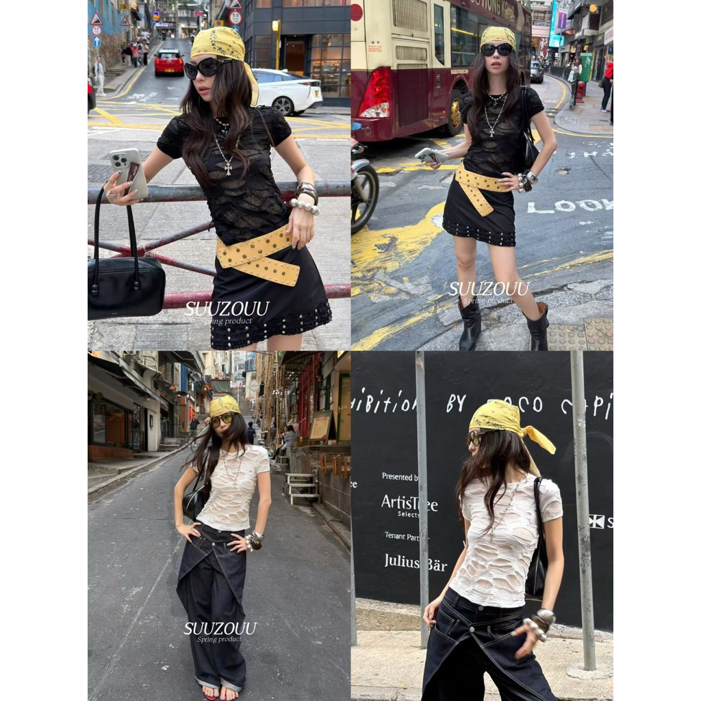 🤍🖤Newเสื้อคอกลมแขนสั้น แต่งผ้าขาดงานเก๋งานSUUZOUU🖤🤍