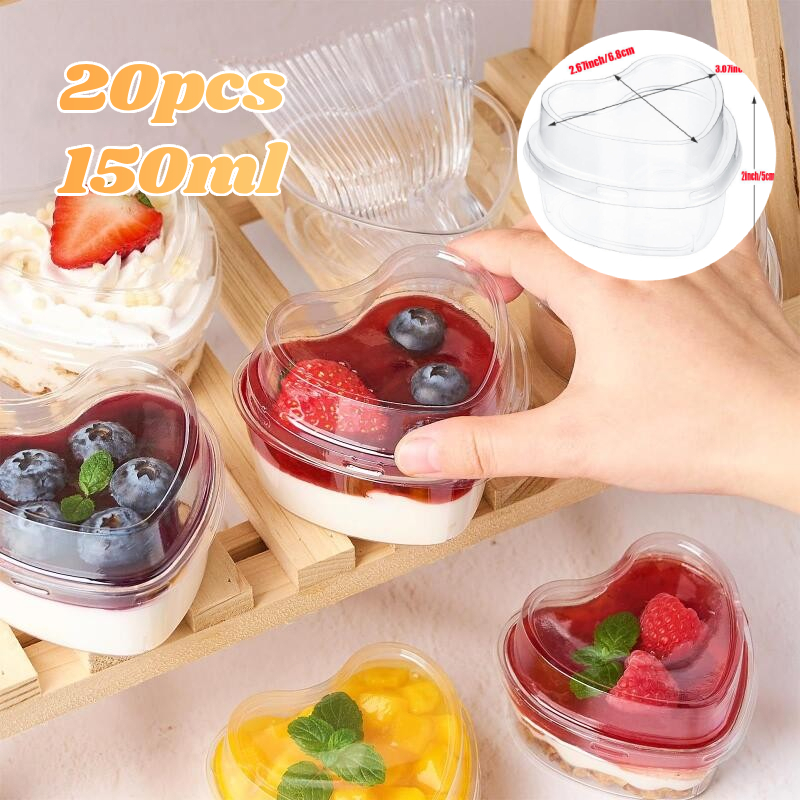 20pcs 150ml ถ้วยรูปหัวใจพลาสติกแบบใช้แล้วทิ้งถ้วยมูสเค้กพร้อมฝาปิดเหมาะสําหรับกล่องบรรจุภัณฑ์สําหรับขนมและพุดดิ้ง