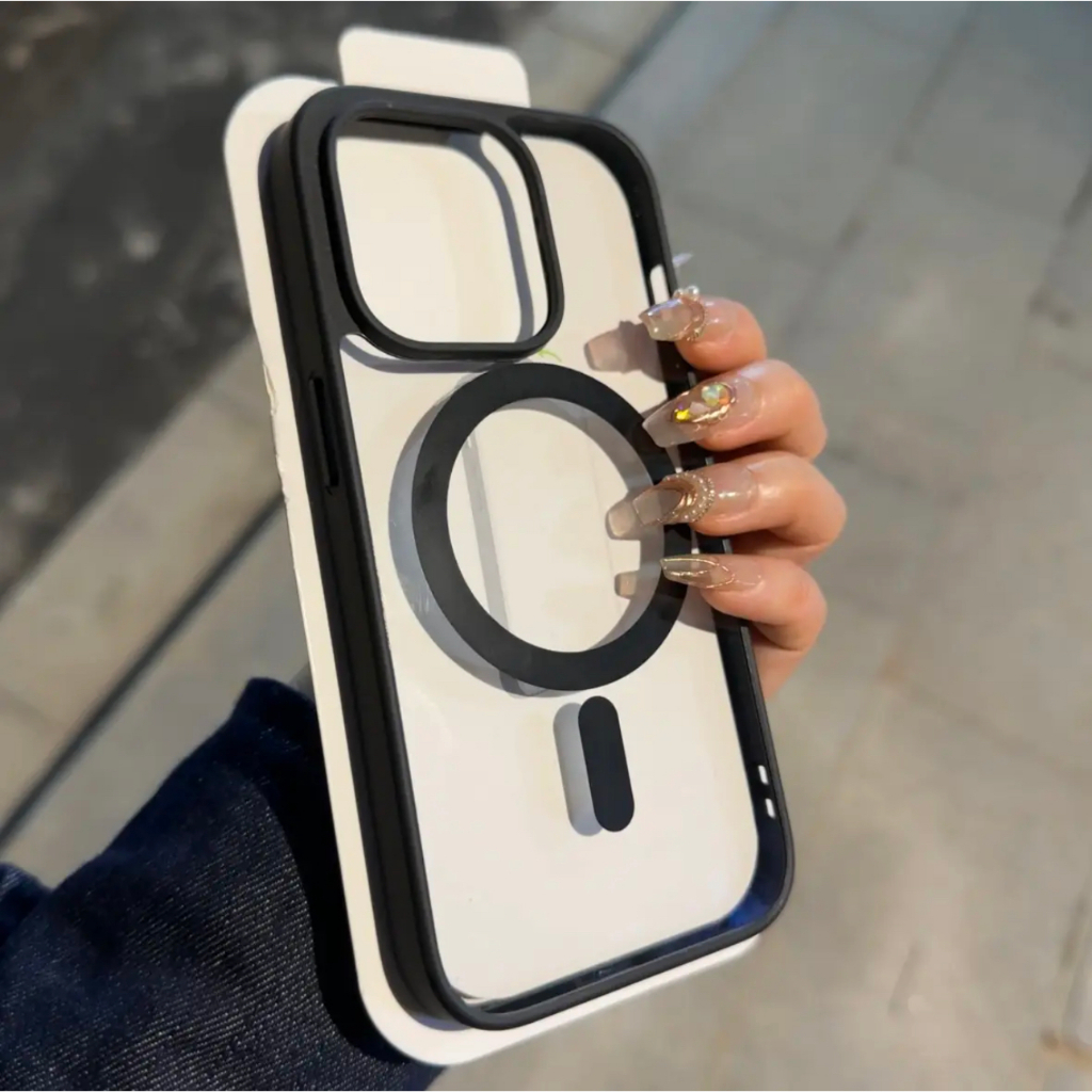 372. เคส PC อะคริลิคชาร์จได้ ขอบสี สำหรับ ไอโฟน iPhone 11 12 13 14 15 16 Pro Plus Max 16Promax X Xr Xs Max เคส แม่เหล็ก