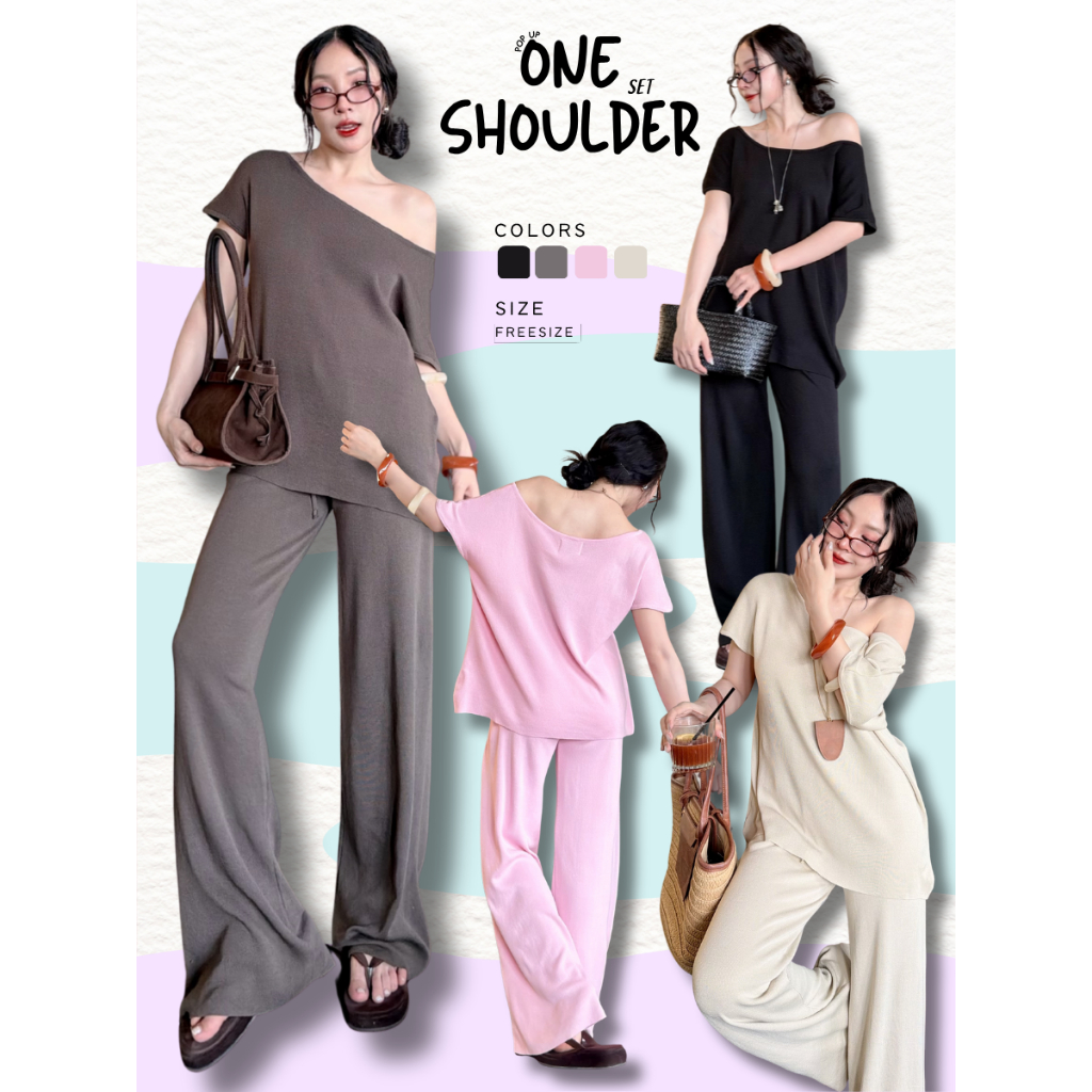 POP UP (One Shoulder Set) เซ็ตไหมพรมปาดไหล่ เสื้อ+กางเกงขายาว ลุคเรียบหรู (Free Size S-XL ใส่ได้)