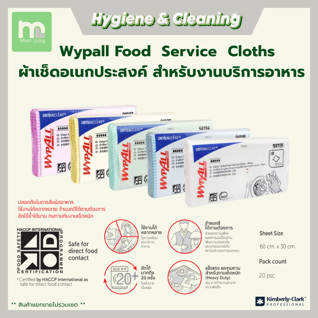 KIMBERLY CLARK WYPALL ผ้าเช็ดอเนกประสงค์ FOOD SERVICE (20แผ่น/ห่อ) ซักง่าย แห้งไว โดย MuanLiving