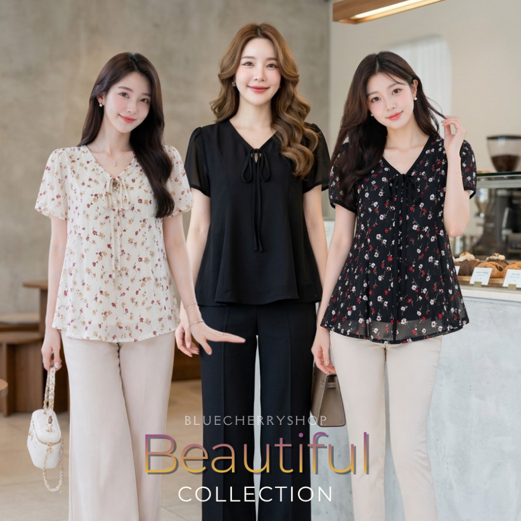 เสื้อชีฟองเนื้อทราย มีซับใน พริตตี้ สวย หวาน สวยหมือนสั่งตัด มีไซส์รอบอก36-46 นิ้ว Brand Bluecherry แบรนด์คนไทย