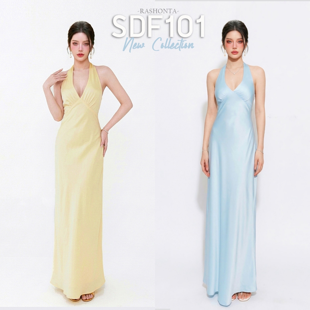 SDF101 : ชุดเดรสยาว คล้องคอ ผ้าซาติน ผูกหลัง ชุดออกงาน ชุดเพื่อนเจ้าสาว