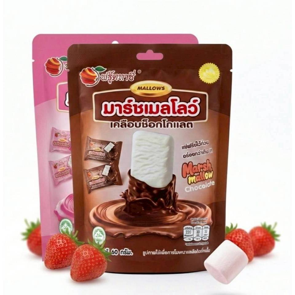 Marshmallow มาสเมลโล่แท่ง เคลือบช็อก, สตรอเบอร์รี่ 60 กรัม (15ชิ้น/ถุง)