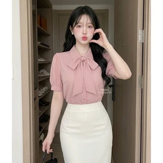 C38 🎀 [S - XXXXXL] เสื้อเชิ้ตผู้หญิงคอปก แต่งโบว์ (ถอดโบว์ได้) ขนาดพลัสไซส์ อก 32 - 62 นิ้ว ผ้าใส่สบาย ไม่ร้อน ทรงสุภาพ