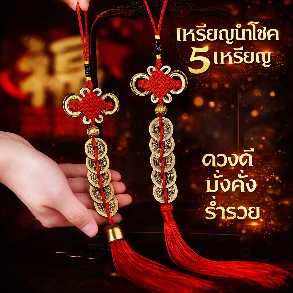 เหรียญจีนโบราณ พู่แดง 5 ผ่านพิธี เหรียญอี้จิง / กู่เฉียน แก้ประตูตรงกัน เหรียญจีน 5 จักรพรรดิ CHINESE COIN