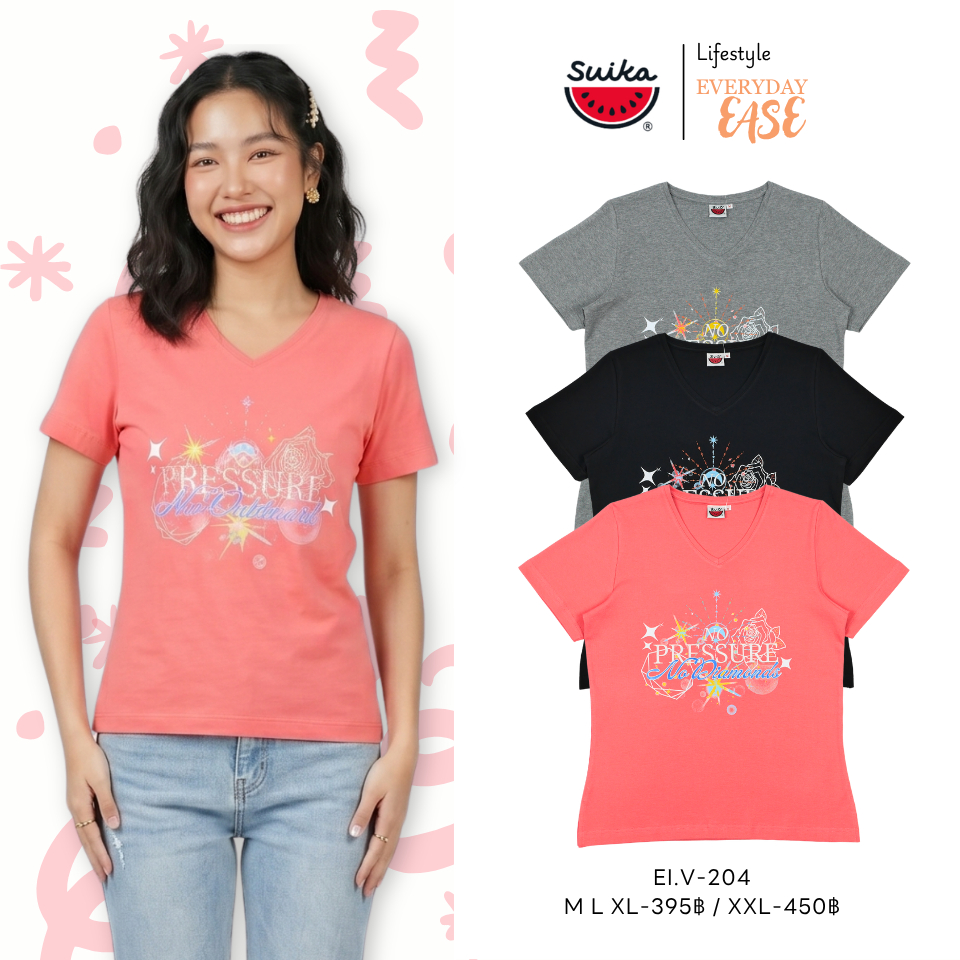 เสื้อแตงโม (SUIKA) เสื้อยืดคอวีแขนสั้น ปักลาย/พิมพ์ ( EI.V-288 270 204 053 )