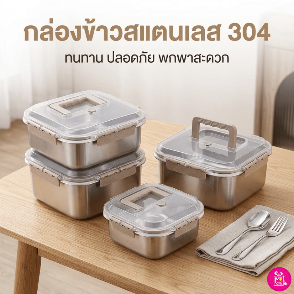 กล่องใส่อาหารสแตนเลส 304 แบบพกพา กล่องอาหารกลางวัน ความจุขนาดใหญ่ ฝาปิดแน่นหนา กันรั่วซึม มีหูจับ พกพาง่าย พร้อมส่งTH