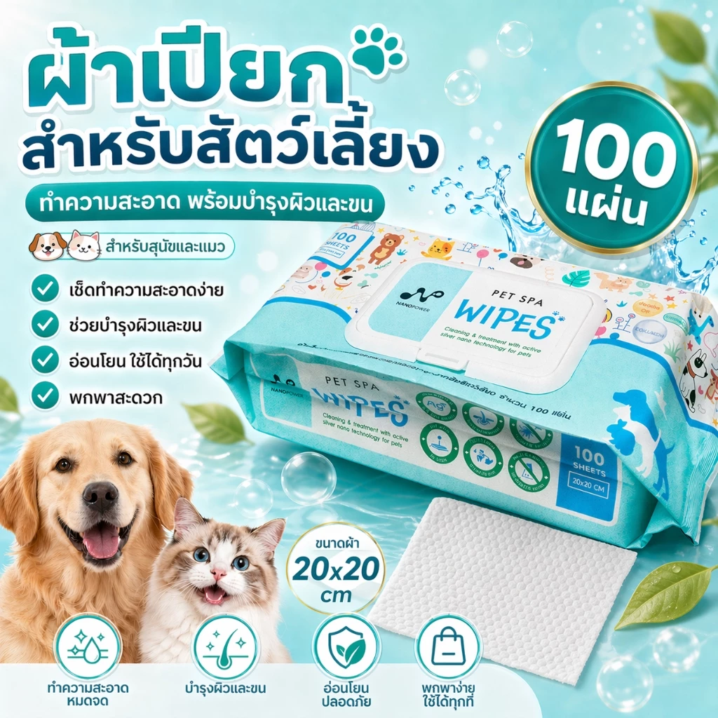 นาโนพาวเวอร์ ทิชชู่เปียกซิลเวอร์นาโน ทำความสะอาดและทรีทเม้นต์บำรุงสำหรับสัตว์เลี้ยง (100 แผ่น)