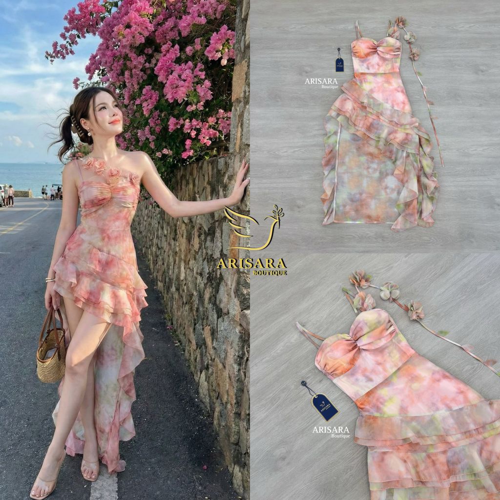 เดรสยาวสีชมพูพีช แต่งระบายพริ้วๆผ้าพิมพ์ลาย สายแต่งดอกไม้3D ชายกระโปรงระบายเล่นเลเยอร์ มีฟองน้ำเสริม ราคา ถูกที่สุด ดีลบีเคเค