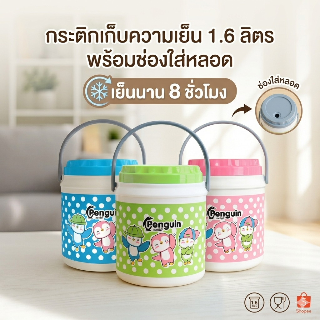 PZ กระติกน้ำแข็ง กระติกน้ําแข็งเก็บความเย็นจุได้ 1.6Lและ 3L พลาสติกเกรด A ฝาดึง ขนาดกลม น่ารัก สีสันสดใส