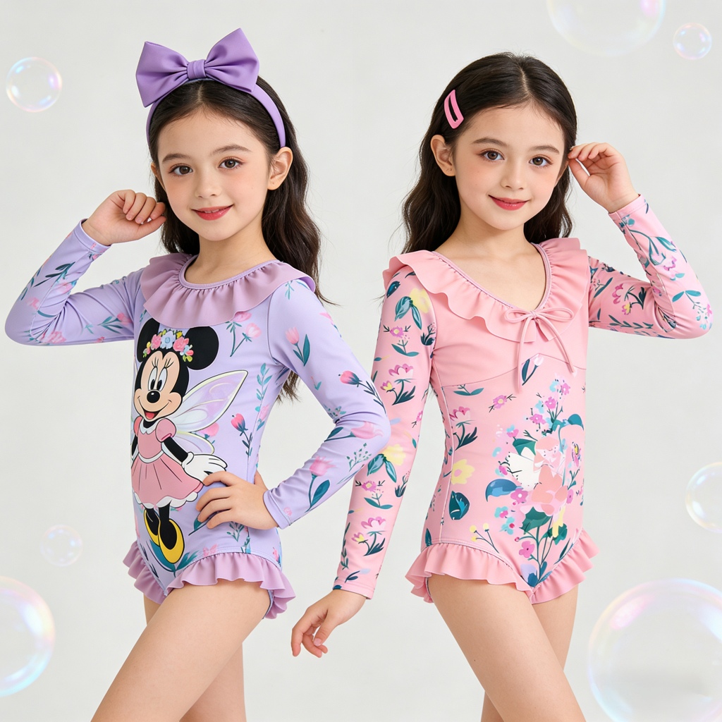 🪐พร้อมส่งด่วน🪐ชุดว่ายน้ำแขนยาวเด็ก ป้องกันแสงแดด วัสดุแห้งเร็ว ลายพิมพ์ Kawaii Melo Kuku เหมาะสำหรับเด็กผู้หญิง