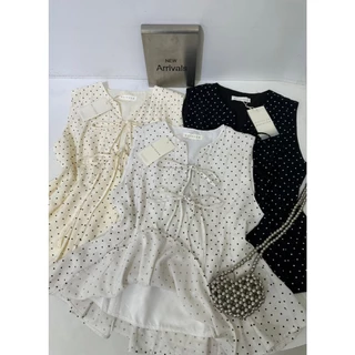 B681 เสื้อแขนกุดลายจุด ผูกโบว์หน้า เอวระบาย