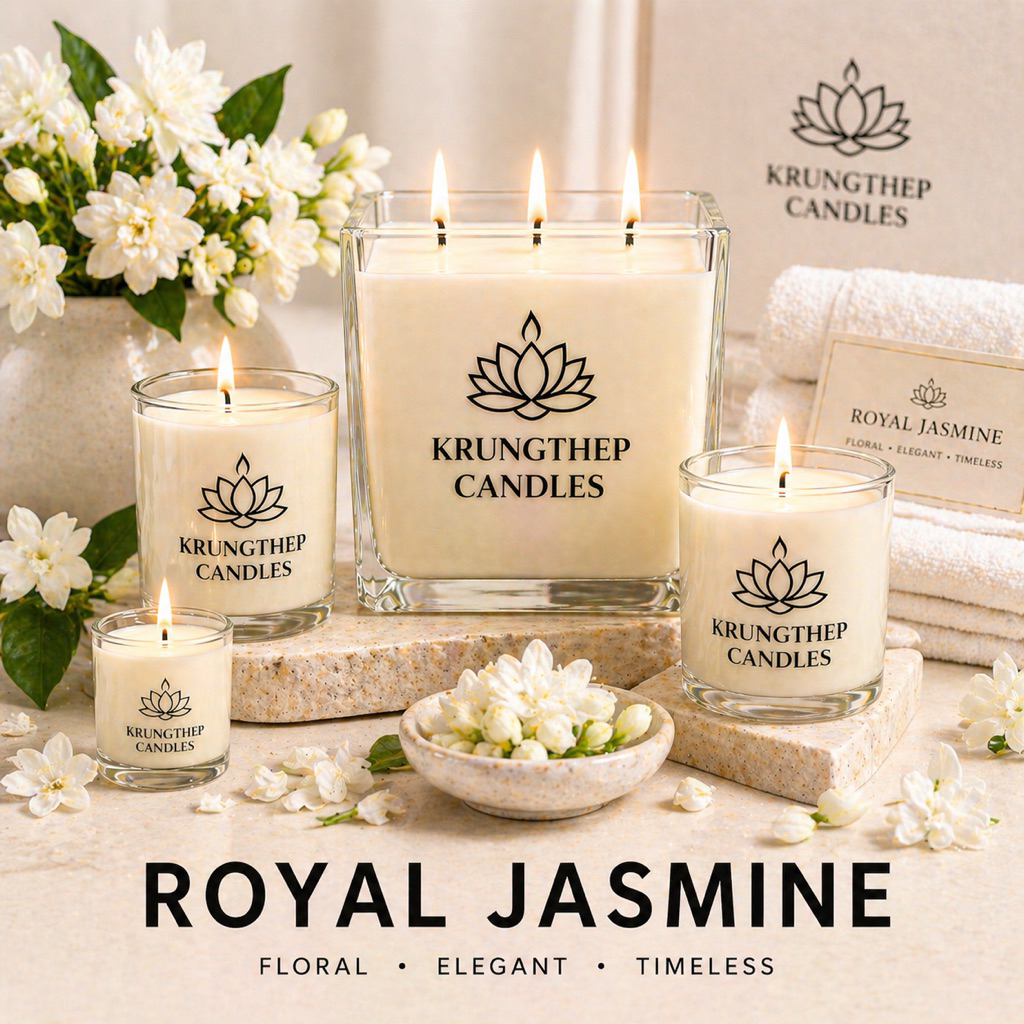 เทียนหอม [Premium] Royal Jasmine — กลิ่นมะลิหอมละมุนและน้ำนมข้าว หอมสะอาด ผ่อนคลาย Soy Wax Candle - Krungthep Candles