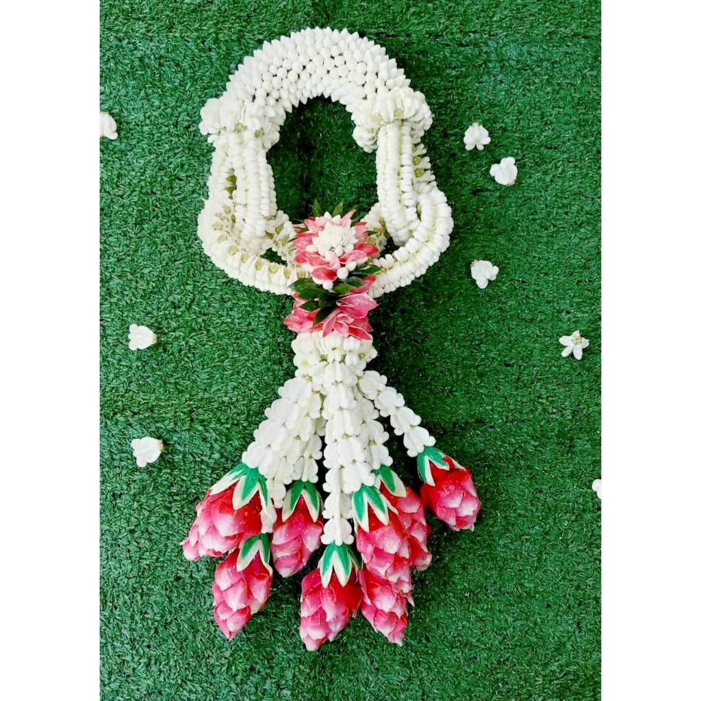 [ สินค้าพร้อมส่งด่วน ] มาลัยกรดอกไม้สดพุดห่วงรัก สีขาว/ชมพู 1 พวง