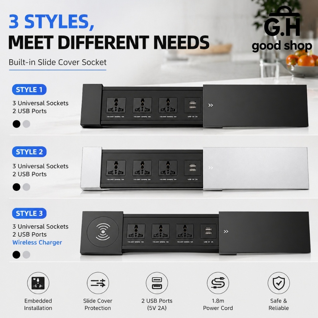 พร้อมส่ง ปลั๊กฝังโต๊ะ 3 in 1 + USB ฝาปิดเลื่อน สายไฟ 1.8เมตร ตัวรับเสียบอเนกประสงค์