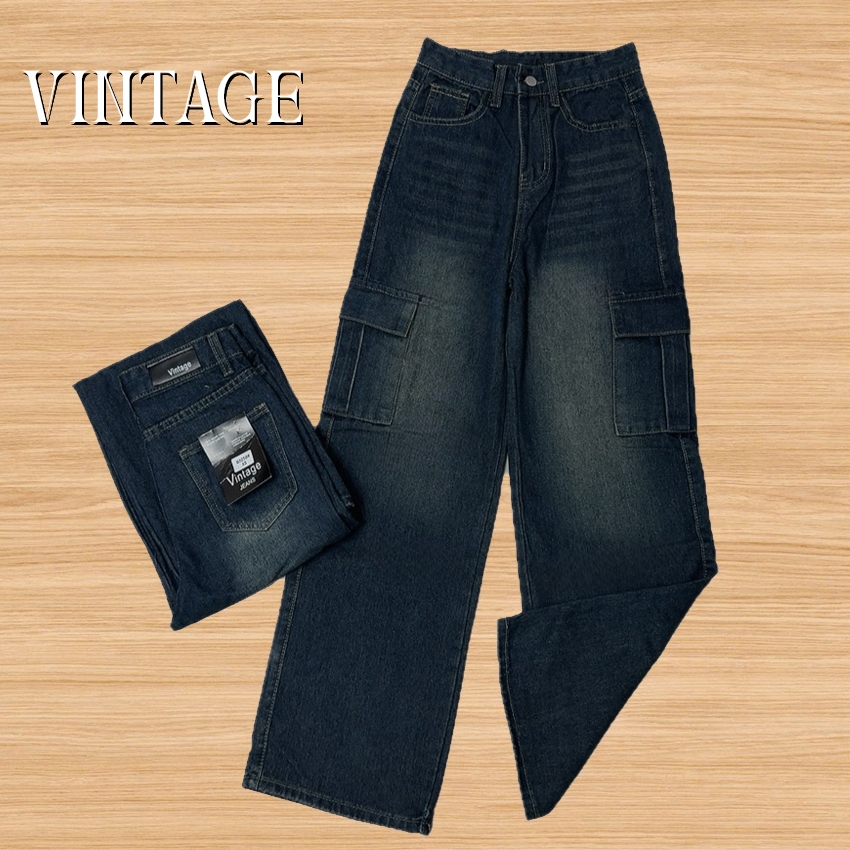Vintage รุ่น Q3258 กางเกงยีนส์ คาร์โก้ ทรงกระบอก แต่งเฟดขา ทรงสวยผ้าไม่ยืด กระเป๋าตรง 2 ใบ