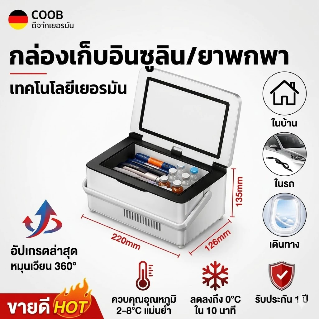 ส่งจากไทย กล่องเก็บอินซูลิน 2-8°C Insulin Cooler Box กล่องแช่ยาแบบพกพา พร้อมแบตเตอรี่ เก็บอุณหภูมิคงที่ สำหรับยา/วัคซีน