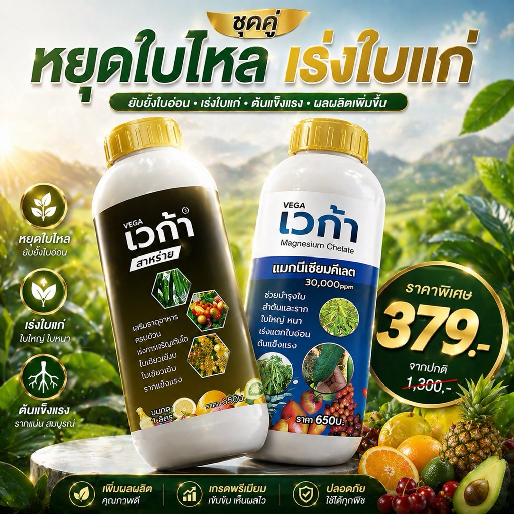 เวก้าหยุดใบไหล+เวก้าแมกนีเซียม ลดการหลุดร่วงของดอกและผล รักษาดอกและผล ช่วยขยายผล ขนาด 1 ลิตร