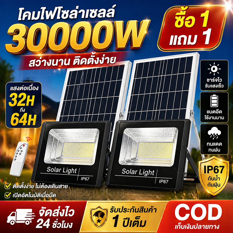 【รับประกัน10ปี】ไฟโซล่าเซลล์ 20000W สว่างอัตโนมัติเมื่อฟ้ามืด รีโมทคอนโทรล กันฟ้าผ่า กันน้ำ ไฟโซล่าและแผงโซล่า