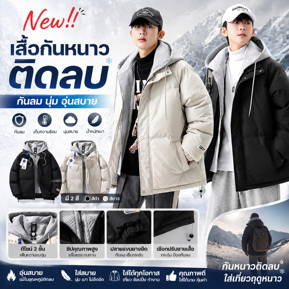 New!! เสื้อขนเป็ด/เสื้อฮูดผู้ชาย "Winter Fashion 2026" ติดลบ กันลม นุ่ม อุ่นสบาย