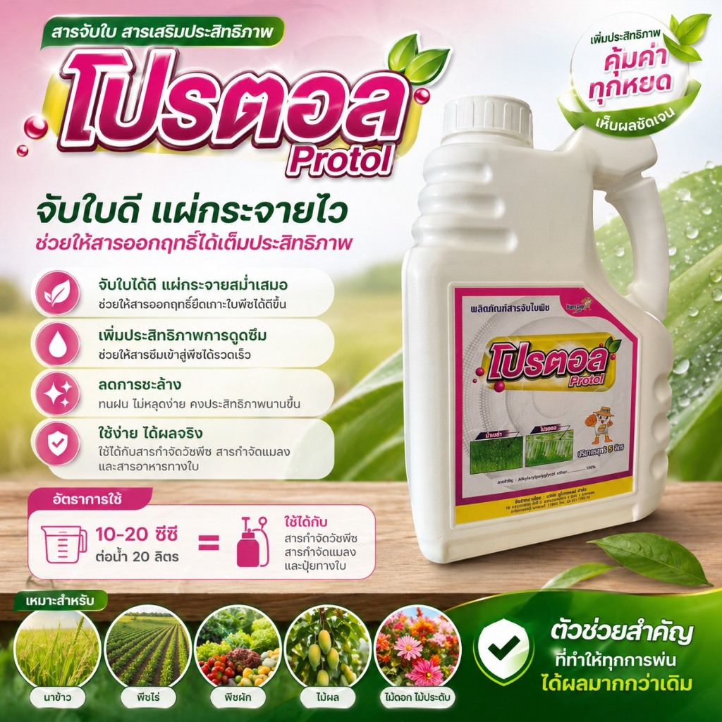 โปรตอล ( 5 ลิตร ) สารจับใบ ยาจับใบ สารเสริมประสิทธิภาพ สูตรเข้มข้น