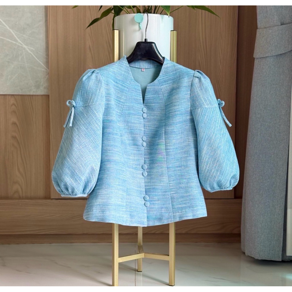 เสื้อผ้าฝ้ายเข็นทอมือคอปีนแขนบอลลูนโบว์รวมแบบ(รับไซร์ตามรอบอกจริง) ราคาถูก Shopee Lazada