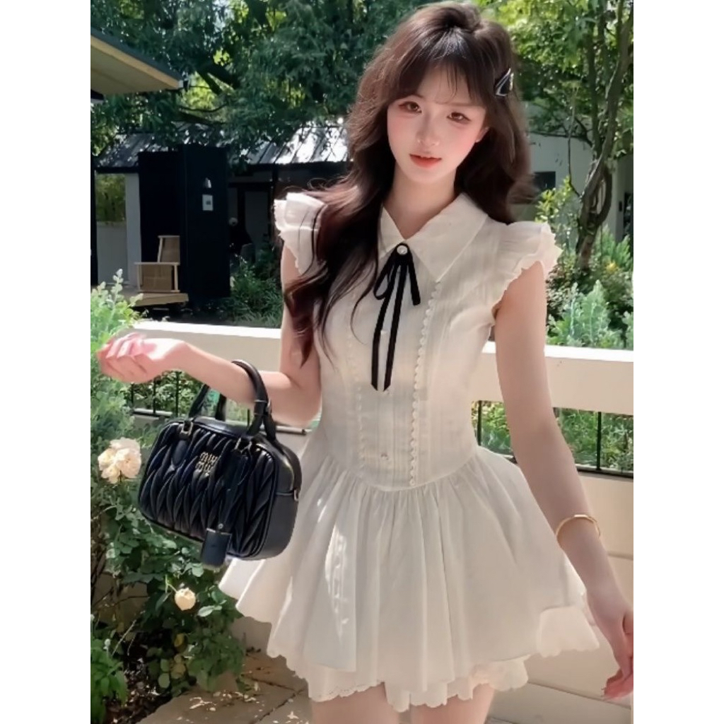 เดรสสั้น มินิเดรสสไตล์เกาหลี เดรสสีขาว แขนระบาย น่ารักมากๆ
