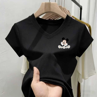 เสื้อยืดคอวีสไตล์เกาหลีสุดน่ารัก มีไซส์ M-3XL สำหรับผู้หญิง ลายมิกกี้เมาส์สุดน่ารัก จัดส่งรวดเร็ว