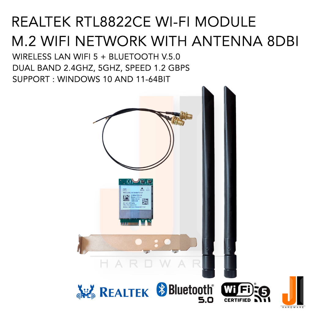 Realtek RTL8822CE Wi-Fi 5 module card M.2 wifi + bluetooth v.5.0 dual band + Antenna 8dbi + Back Pla