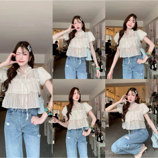 (อก28-34) เสื้อคอผูกโบว์แขนบอลลูนผ้าโรซี่ เสื้อแขนบอลลูน ใส่แล้วดูน่ารักลูกคุณหนูมาก