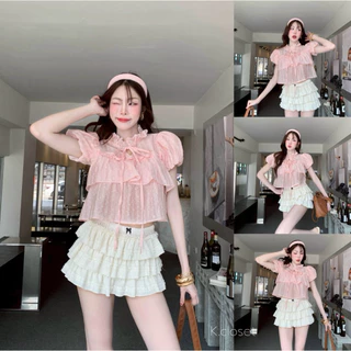 (อก28-34) เสื้อคอผูกโบว์แขนบอลลูนผ้าโรซี่ เสื้อแขนบอลลูน ใส่แล้วดูน่ารักลูกคุณหนูมาก