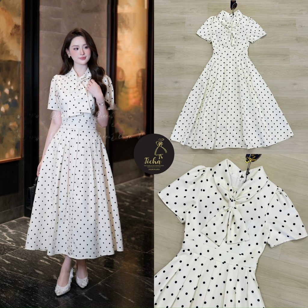 Ticha Brand TC006 ชุดเดรสยาวสีขาวคอบัวแขนสั้นพิมพ์ลายจุดสีดำ