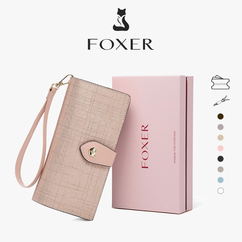 FOXER กระเป๋าสตางค์หนังยาว การออกแบบแปรงกันขโมย คลิปตั๋วสุภาพสตรีสไตล์เรียบง่าย วางโทรศัพท์ได้