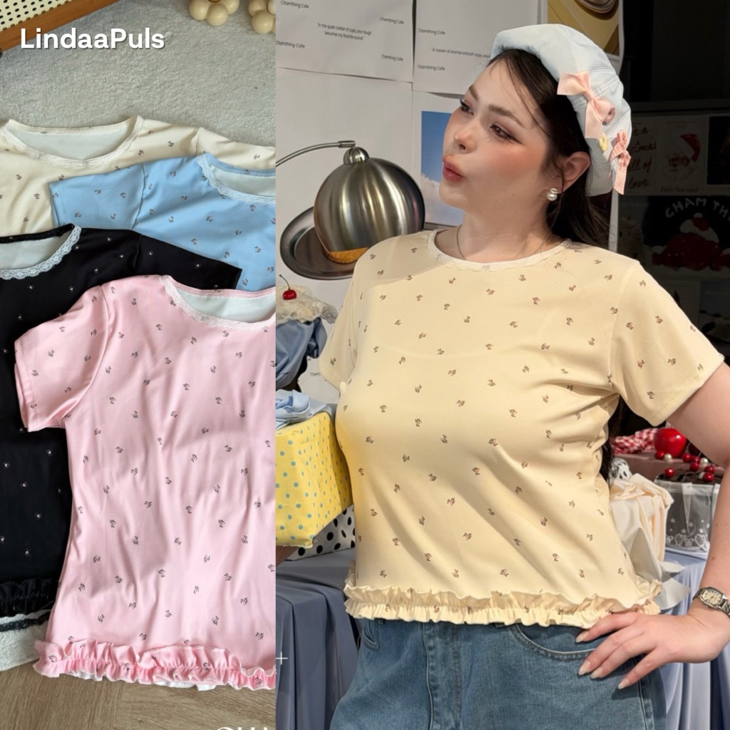 LindaaPlus-- เสื้อยืดดอกไม้แต่งชายระบาย🌸🍃 สาวอวบอ้วนใส่ได้ ดีเทลแต่งลูกไม้ที่คอ แต่งชั้นๆที่ชายเสื้อ น่ารักมาก