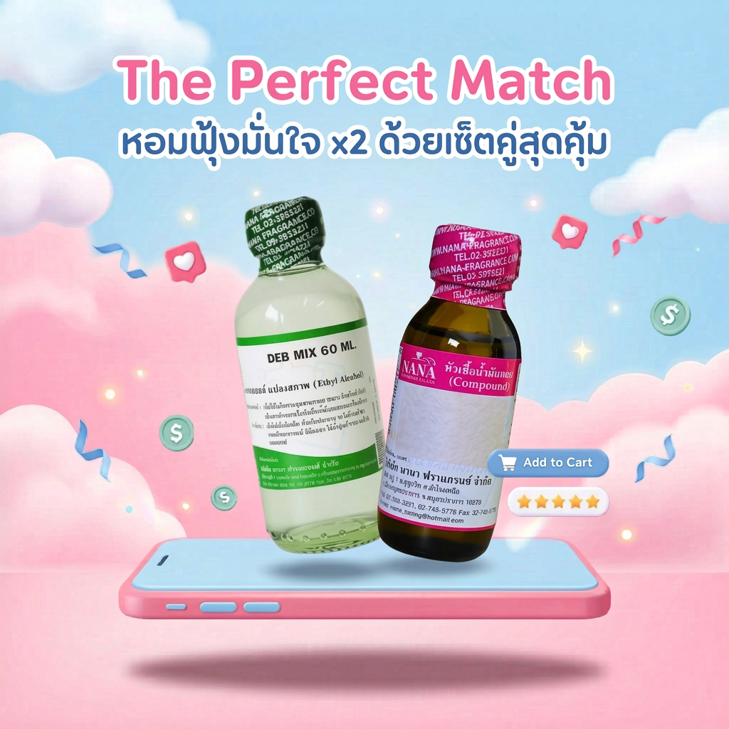 เซ็ทคู่ หอมฟิน (หัวเชื้อน้ำหอม 100% ขนาด 30ml. + น้ำผสม DEB MIX ขนาด 60ml.)Version 2