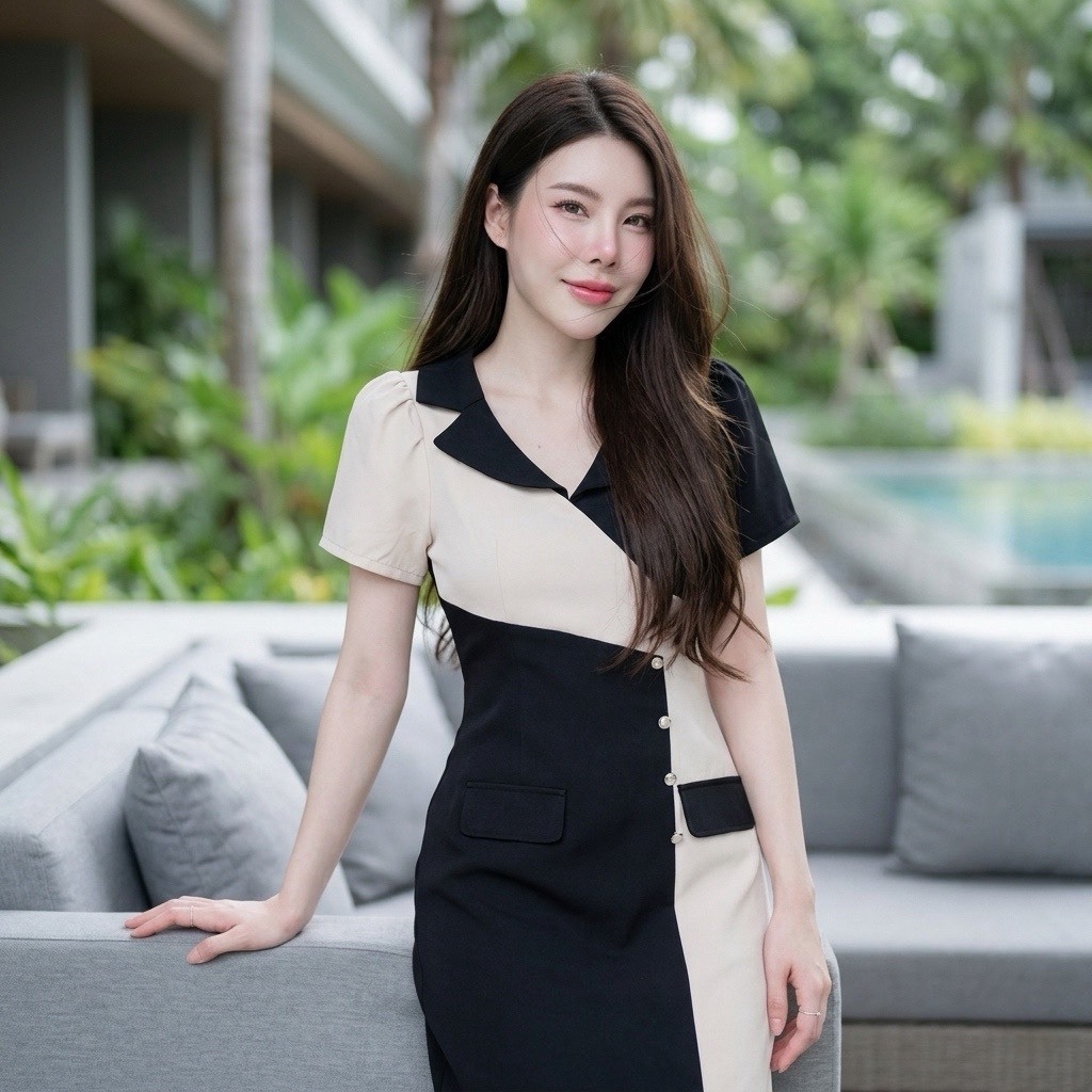 D61 เดรสปกทูโทน ผ้าบาบี้ กระดุม3เม็ด กระเป๋าแต่ง มีไซส์ S-3XL ความยาว35-36นิ้ว