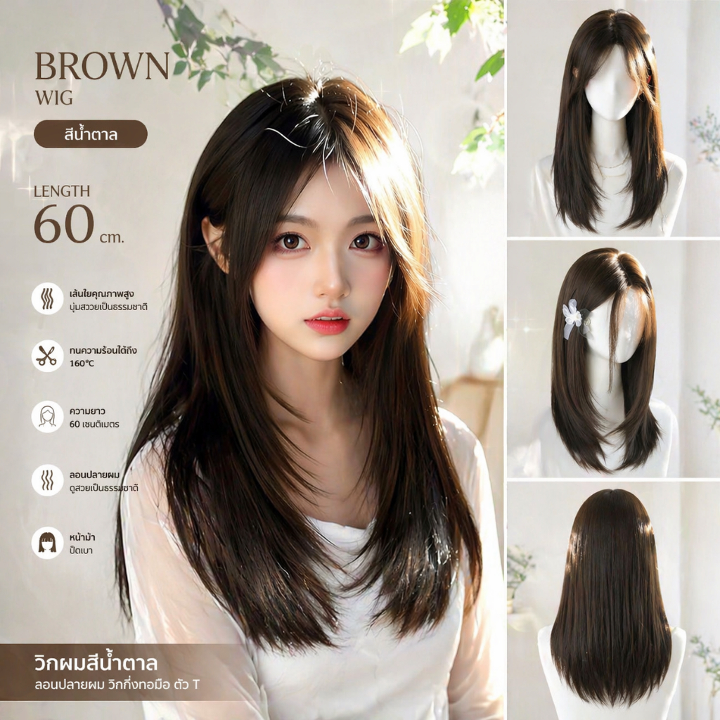 MAYAWIG วิกกึ่งทอมือตัว T วิกผมตรง ทรงสไลด์เลเยอร์ แสกกลาง สีน้ำตาล (60 cm.) MT28-1 ราคาถูก Shopee Lazada