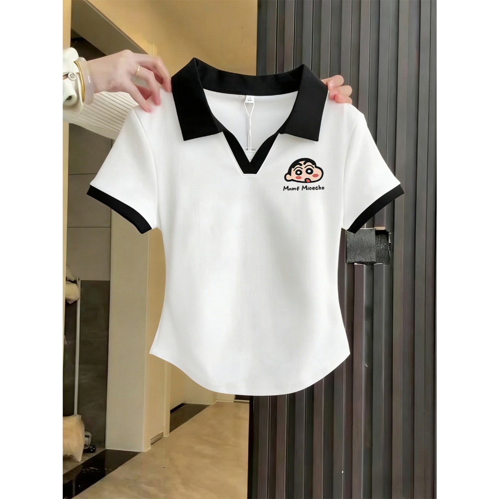 เสื้อโปโลผู้หญิง ลายการ์ตูนชินจัง คอปกV ปกดำ แฟชั่นฤดูร้อน สวยใส่สบาย ตัวรัดเอว สีขาวดำ M-3XL