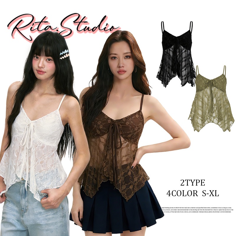 Rita พร้อมส่ง🍒เสื้อสายเดี่ยว เสื้อครอป ช่างหายใจ สุดเซ็กซี่ ผ้าเลซ ท็อปส์ผ้าลูกไม้นุ่มนวลโปร่งแสง เซ็กซี่สไตล์คลาสสิก