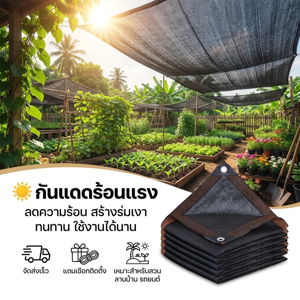 ตาข่ายกันแดด 90% PE หนาพิเศษ กัน UV ระบายอากาศดี ทนแดดฝน มีตาไก่ ใช้กลางแจ้ง สวน ลานบ้าน (สีดำ/น้ำตาล หลายขนาด)