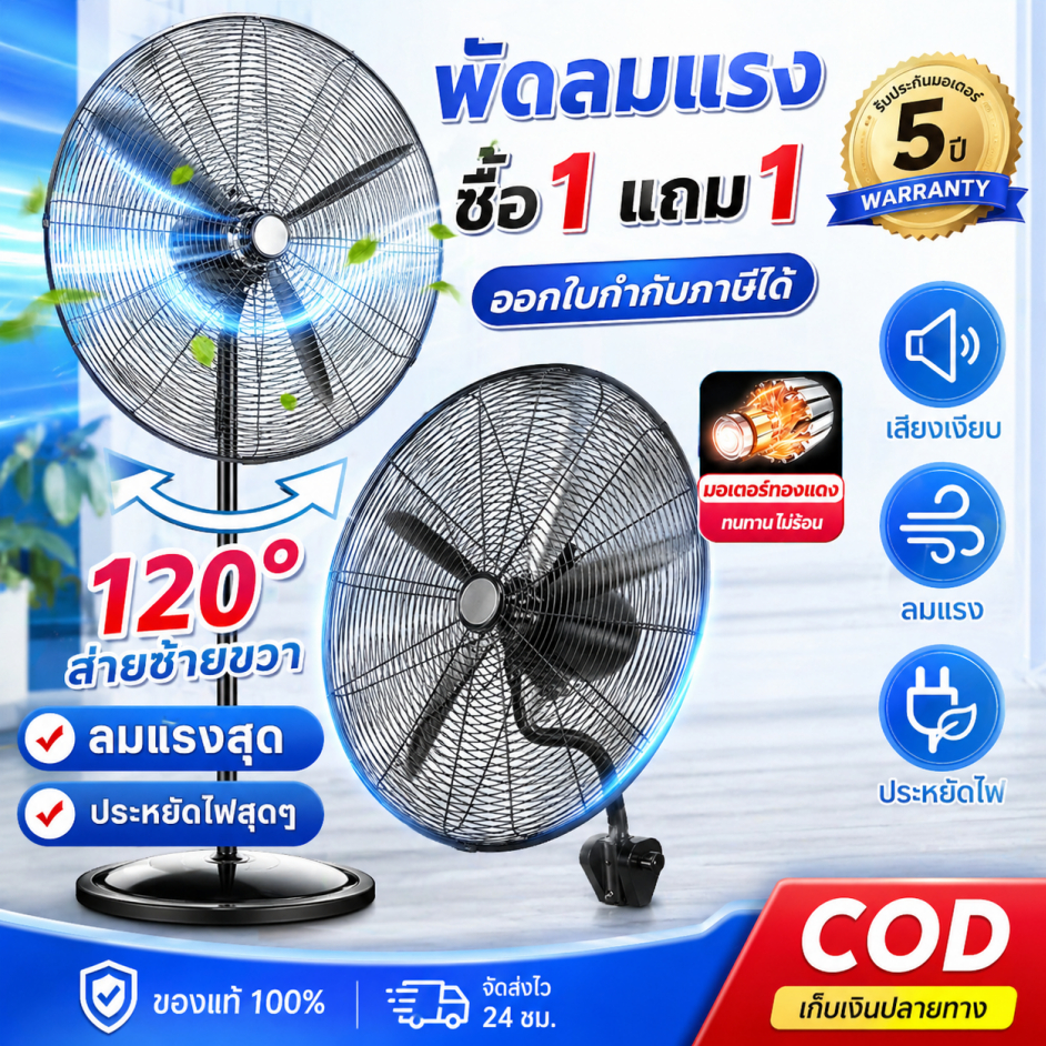 พัดลมอุตสาหกรรม ขนาดใหญ่ เคลื่อนย้ายง่าย แข็งแรง ทนทาน ประหยัดไฟ ระบายอากาศ พัดลมโรงงาน Industrial Fan มอเตอร์ทองแดงแท้