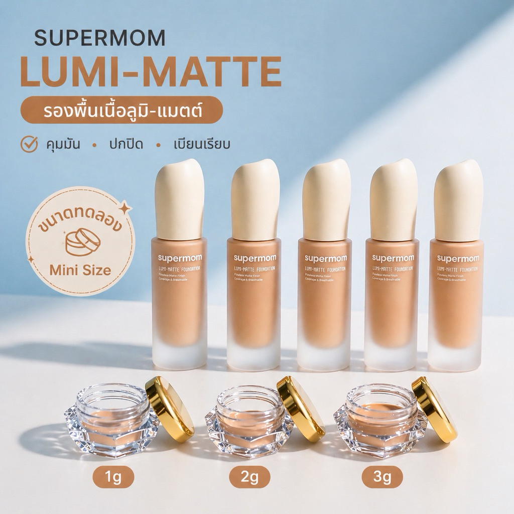 รองพื้น Supermom Lumi-Matte เนื้อลูมิ-แมตต์ คุมมัน ปกปิด เรียบเนียน แบบแบ่งขาย