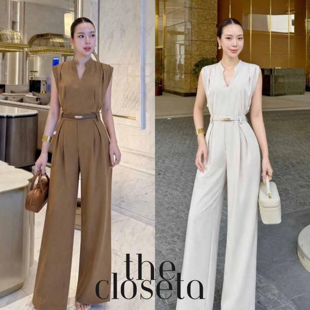 THE CLOSETA : LV333 ชุดเซ็ทเสื้อแขนล้ำคอวีจีน พร้อมกางเกงขายาวและเข็มขัดครบเซ็ท