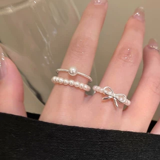แหวน ring มุก โบว์ ins สไตล์เกาหลี แฟชั่น สำหรับผู้หญิง silver น่ารัก มินิมอล สไตล์บัลเลต์ หวาน COD