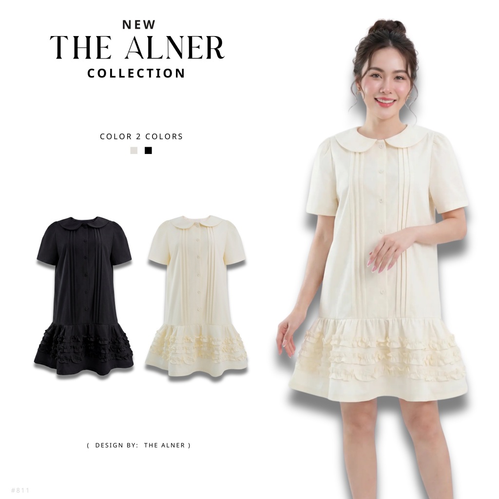 Thealner-AN811 (เดรสคอบัวแขนสั้นชายระบาย)